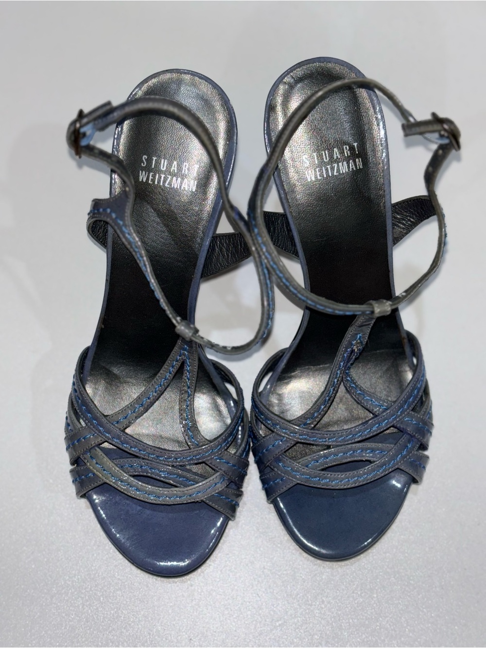Stuart Weitzman Blue Strappy Leather Heeled Sandals